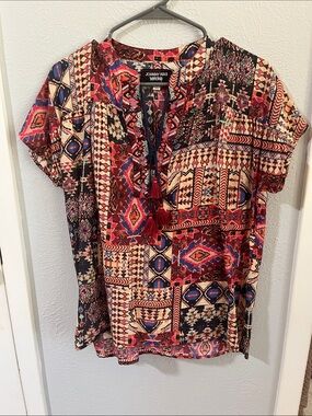 Red Multi Aztec Print Short Sleeve Top